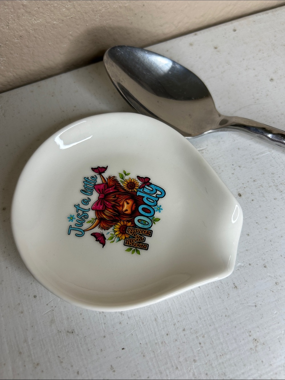 Ceramic Spoon Rest with 'Just a Little Moody' Cow Illustration - White - Picture 2 of 5